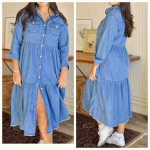 Blakeley Jessie Midi Tiered Chambray Dress Button Front S/M